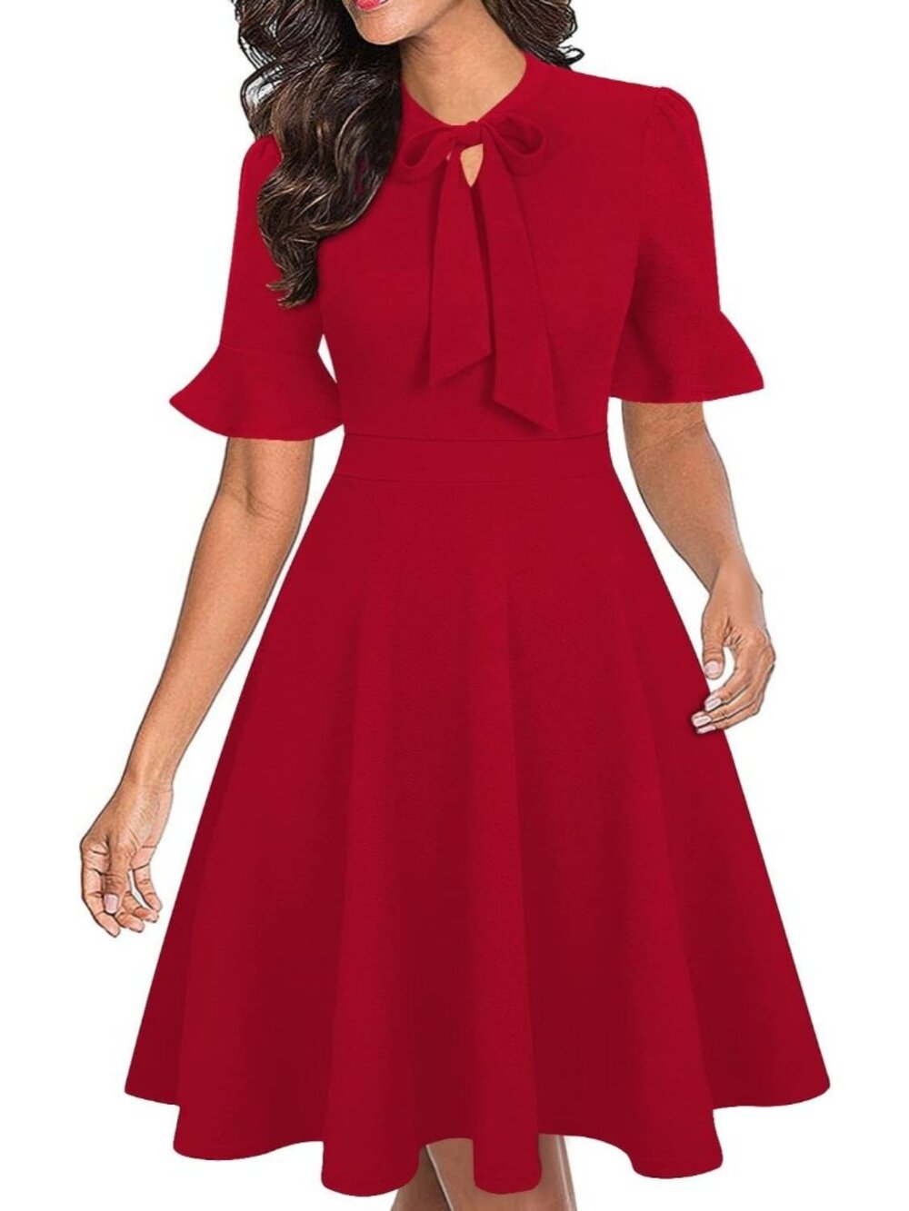 Women's Red Classic Tie Neck Summer Short Sleeve Knee Length Mid Dresses